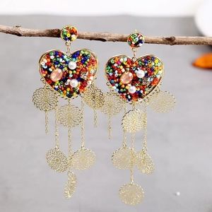 Rainbow Beaded Heart Coin Dangle Drop Earrings